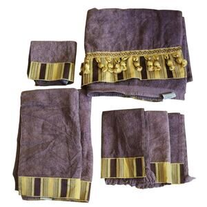Vintage 7 Piece AVANTI Purple and Gold Towel Set Tassel Embroidered Retro COTTON